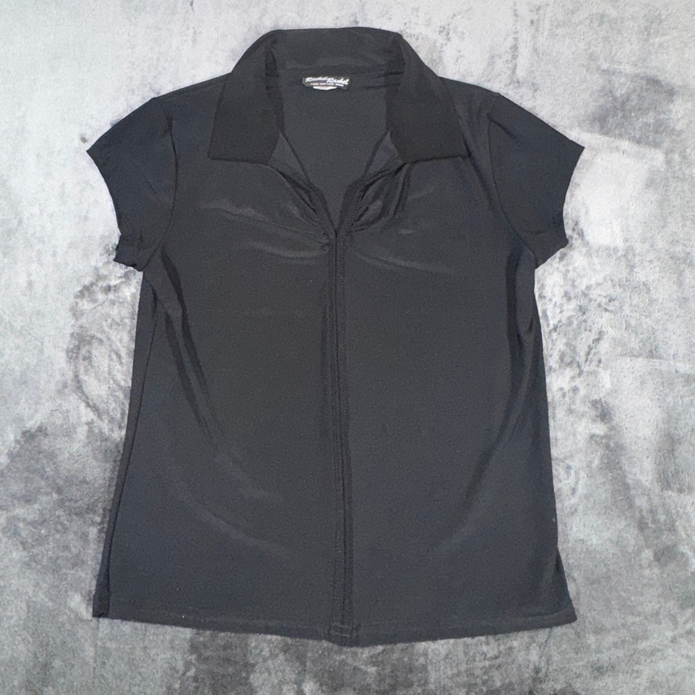 Rachel Rachel Black Short Sleeve V-Neck Collared Top Medium Made in USA 21816